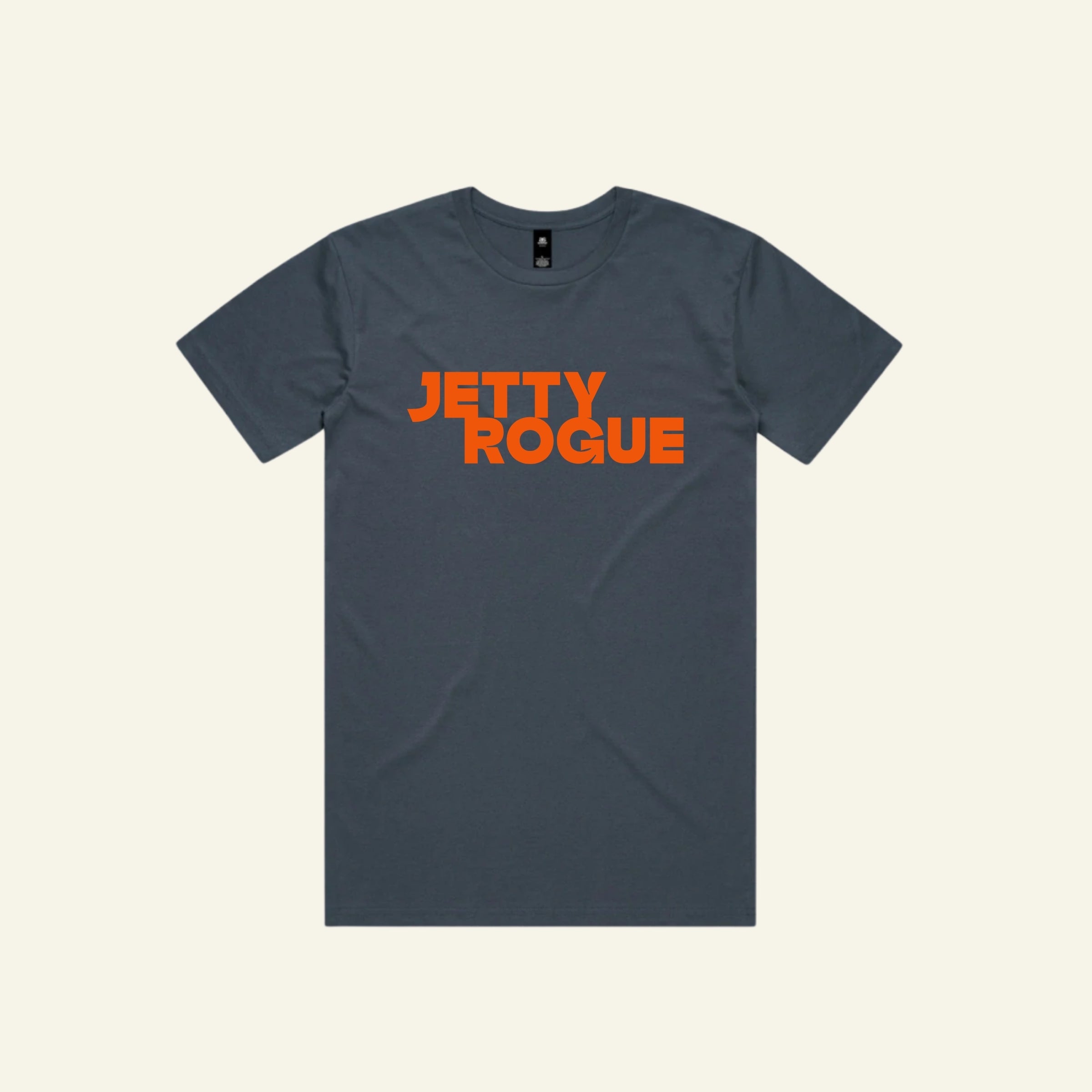 Petrol blue tee flat lay: Jetty Rogue unisex tee in petrol blue with burnt orange logo, flat lay