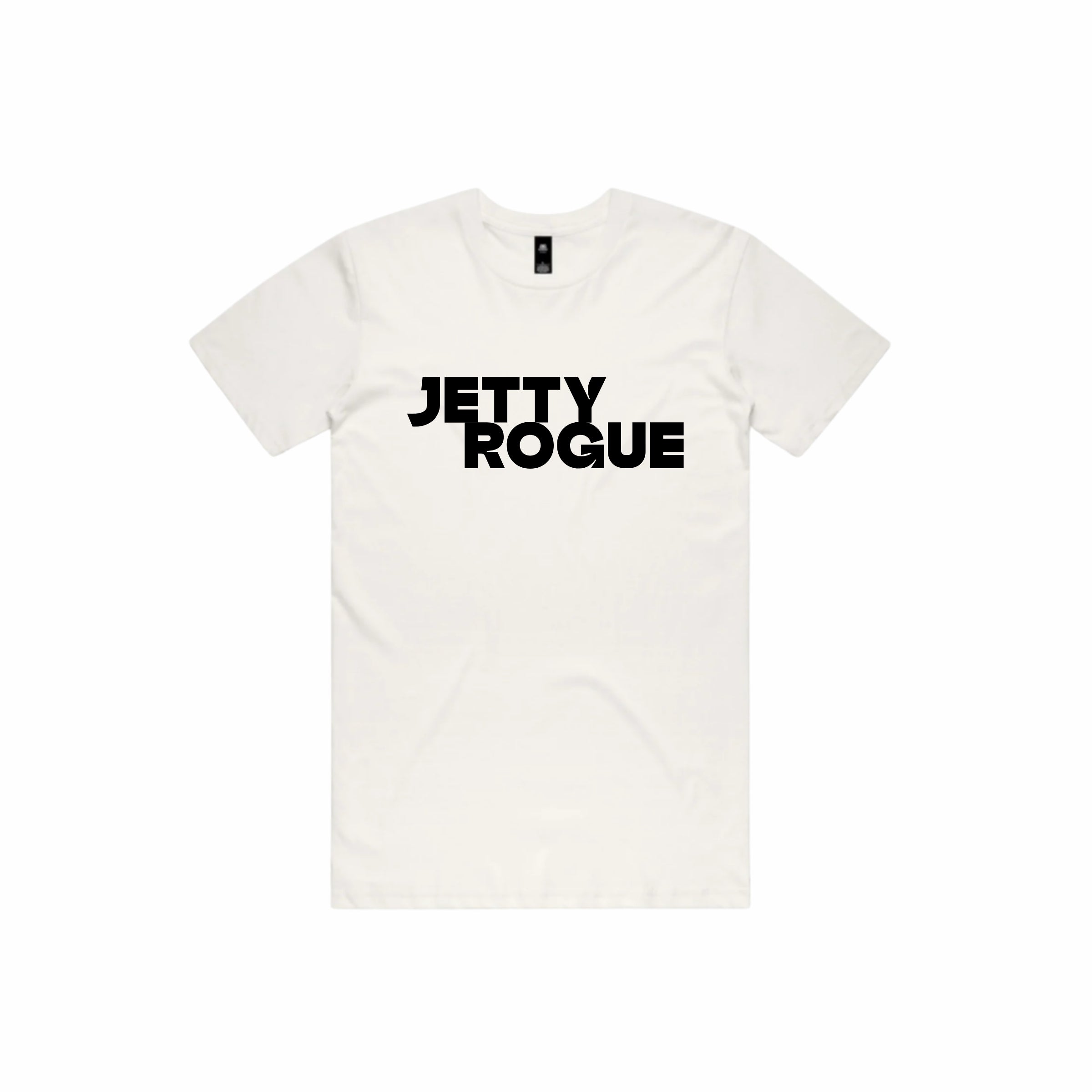 Bone tee flat lay: Jetty Rogue unisex tee in bone with black logo, flat lay