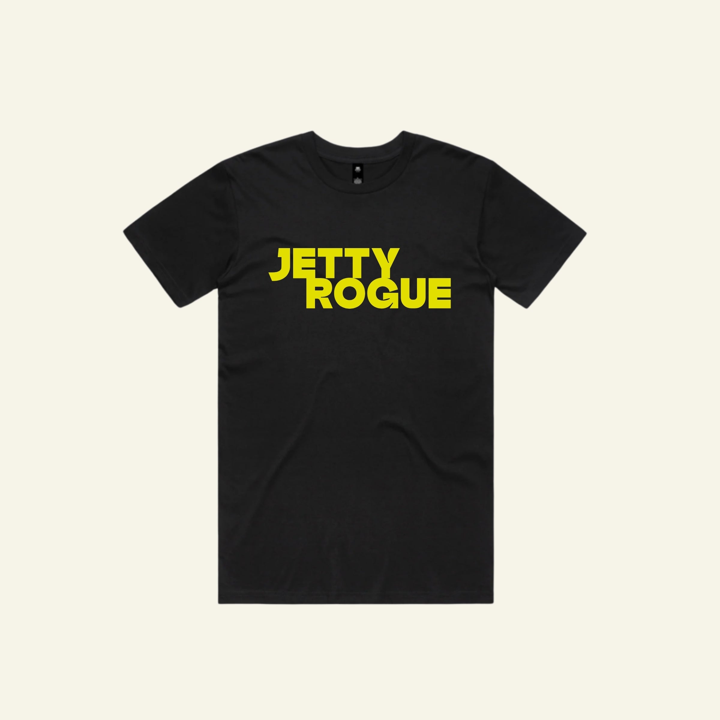 Black tee flat lay: Jetty Rogue unisex tee in black with lime logo, flat lay