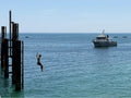 Boy jumping midair off Glenelg jetty Adelaide against a bright blue sky, with his hands in the air, directly in front of a Police boat.