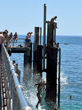 Young people at Glenelg jetty leaping and splashing into the water from pylons of different heights on a glorious Summer day with a bright blue sky and sea. 